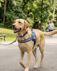 Labrador mix walking contentedly outdoors